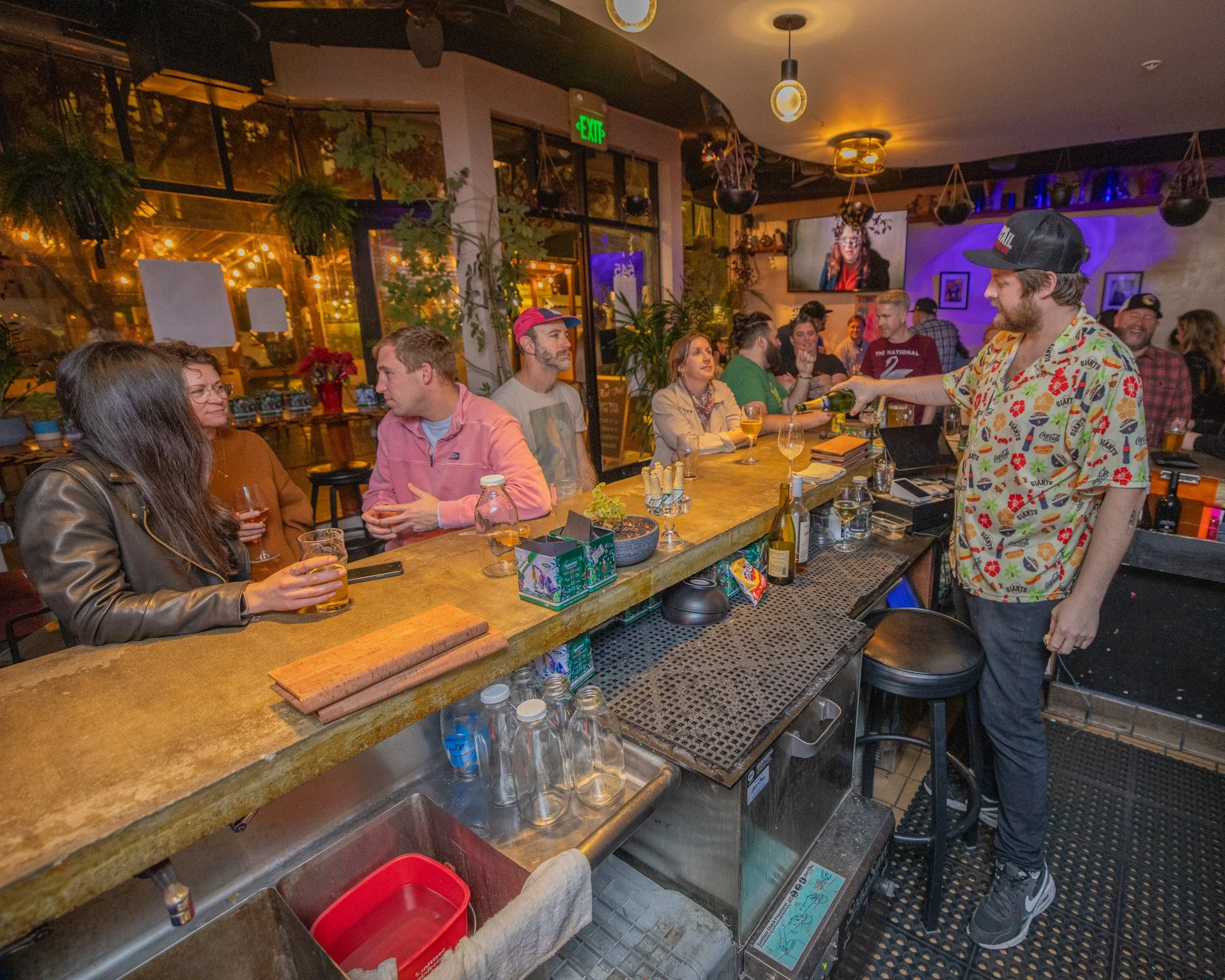 A lively indoor bar scene with people socializing, some seated at the bar and others standing. There is a bartender in a floral shirt pouring drinks, with glasses and bottles on the counter. The environment has warm lighting, hanging plants, and a te