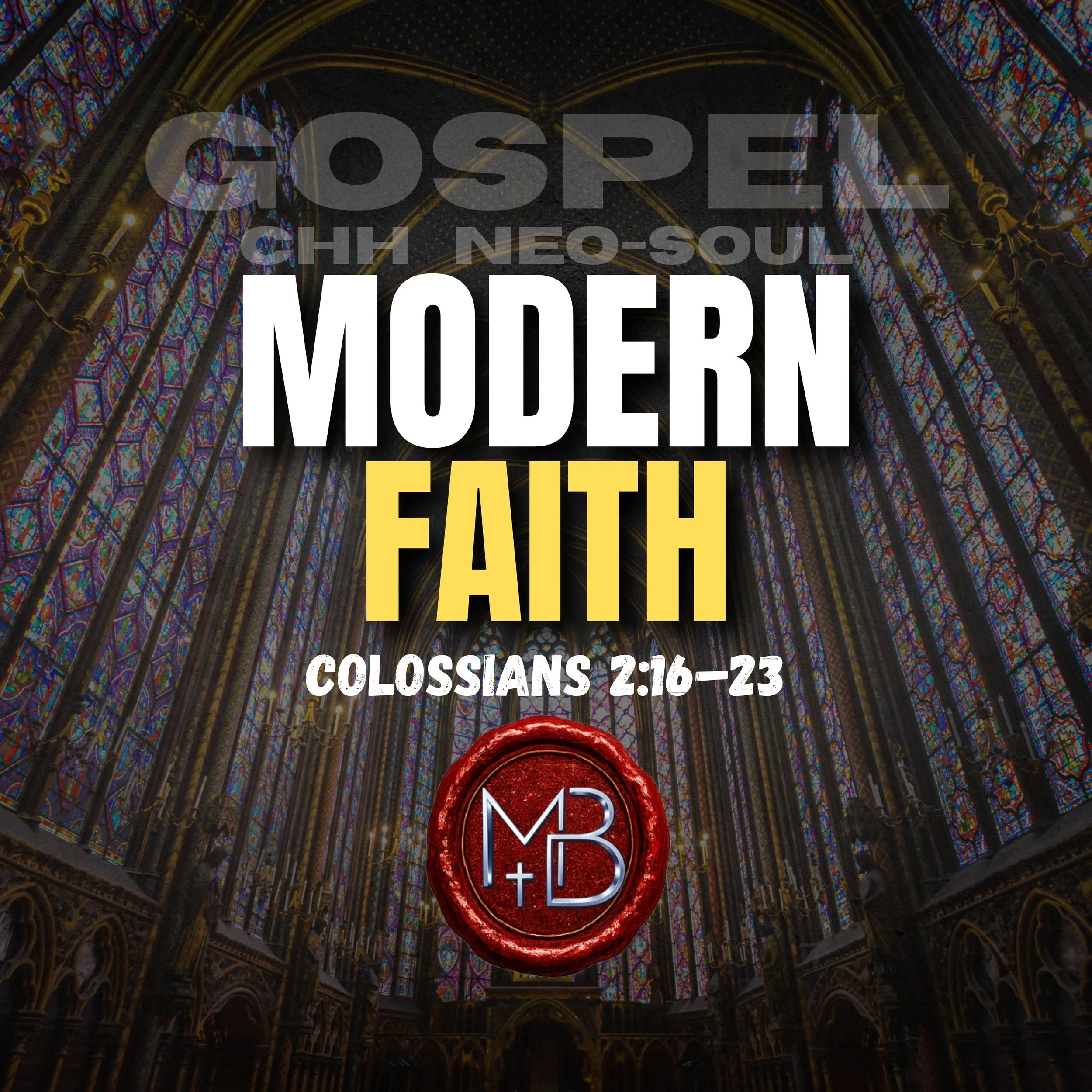 Brightly lit stained glass windows in a Gothic cathedral ceiling, with overlaid text about Gospel and biblical verses.
