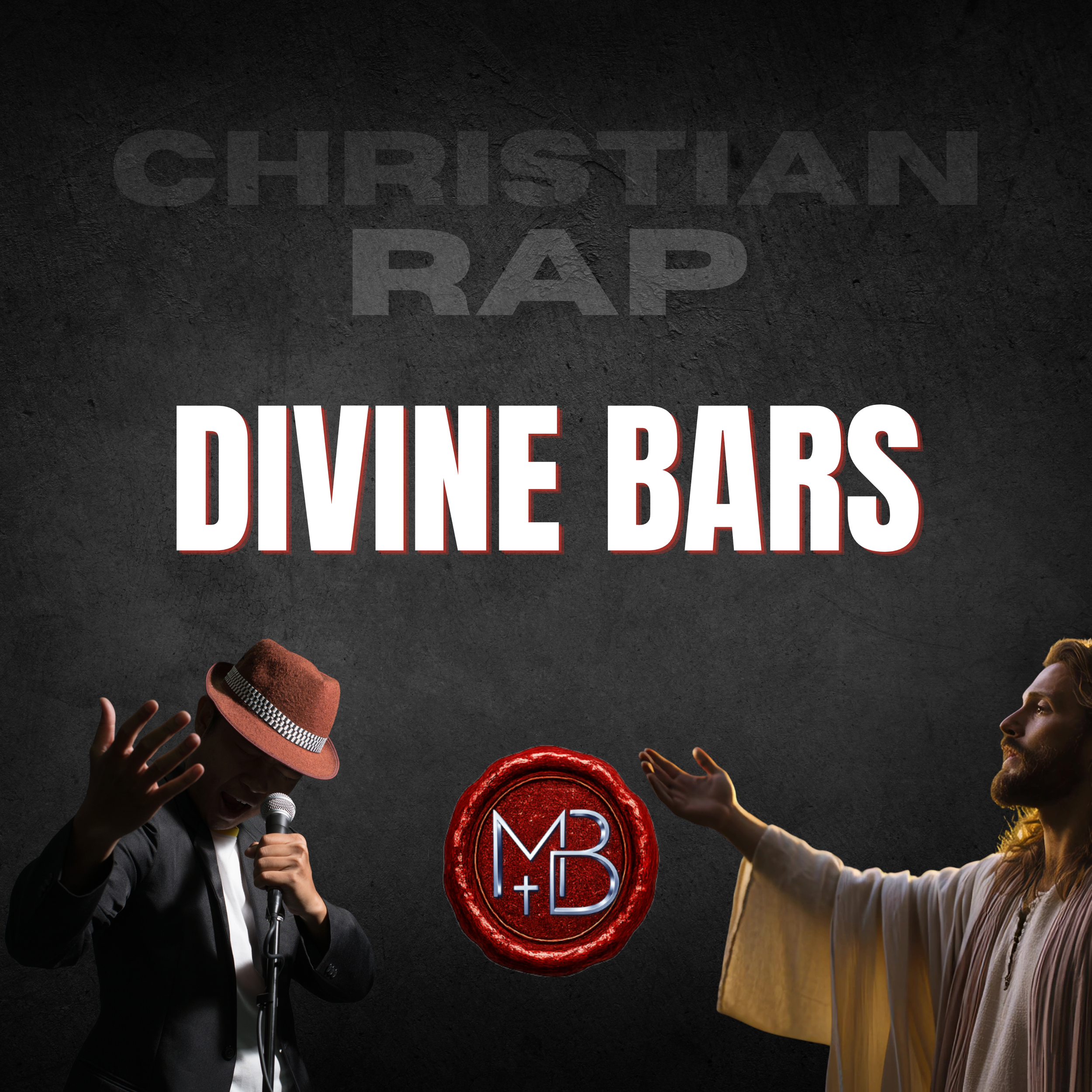 A woman in a black suit and a man in a yellow jacket are facing each other, engaging in a conversation, with a dark background featuring the words "CHRISTIAN RAP" in large text and a red circular emblem with the letters "D" and "MB" in the center.
