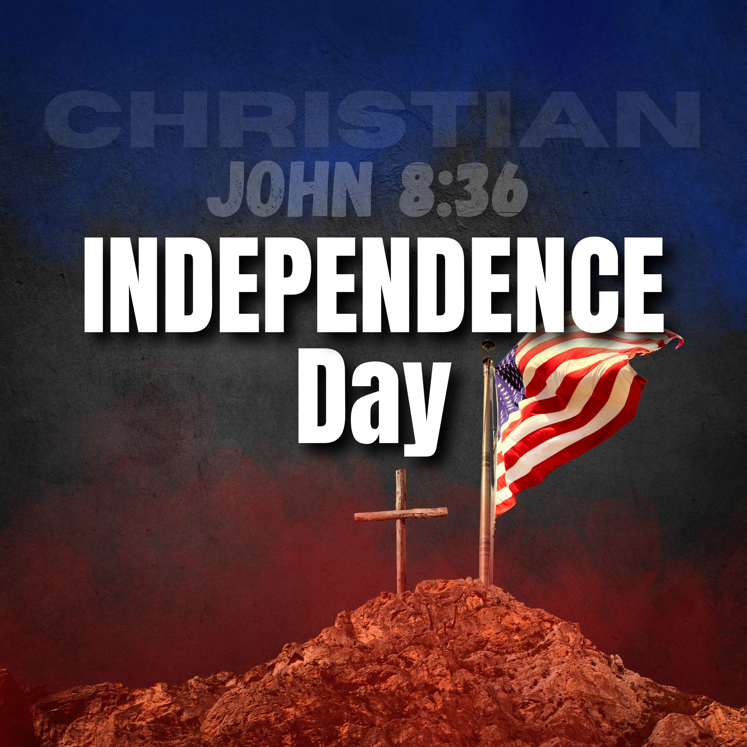 American flag on a flagpole, attached to a rock, with the word 'INDEPENDENCE' and a date partially visible at the bottom.
