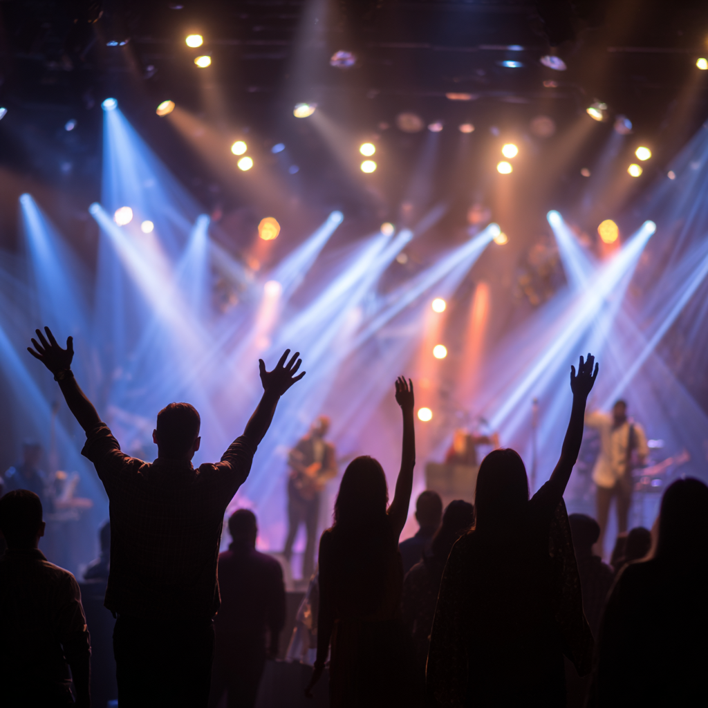 Audience watching a concert with a band on stage, colorful stage lights, and some audience members raising their hands.