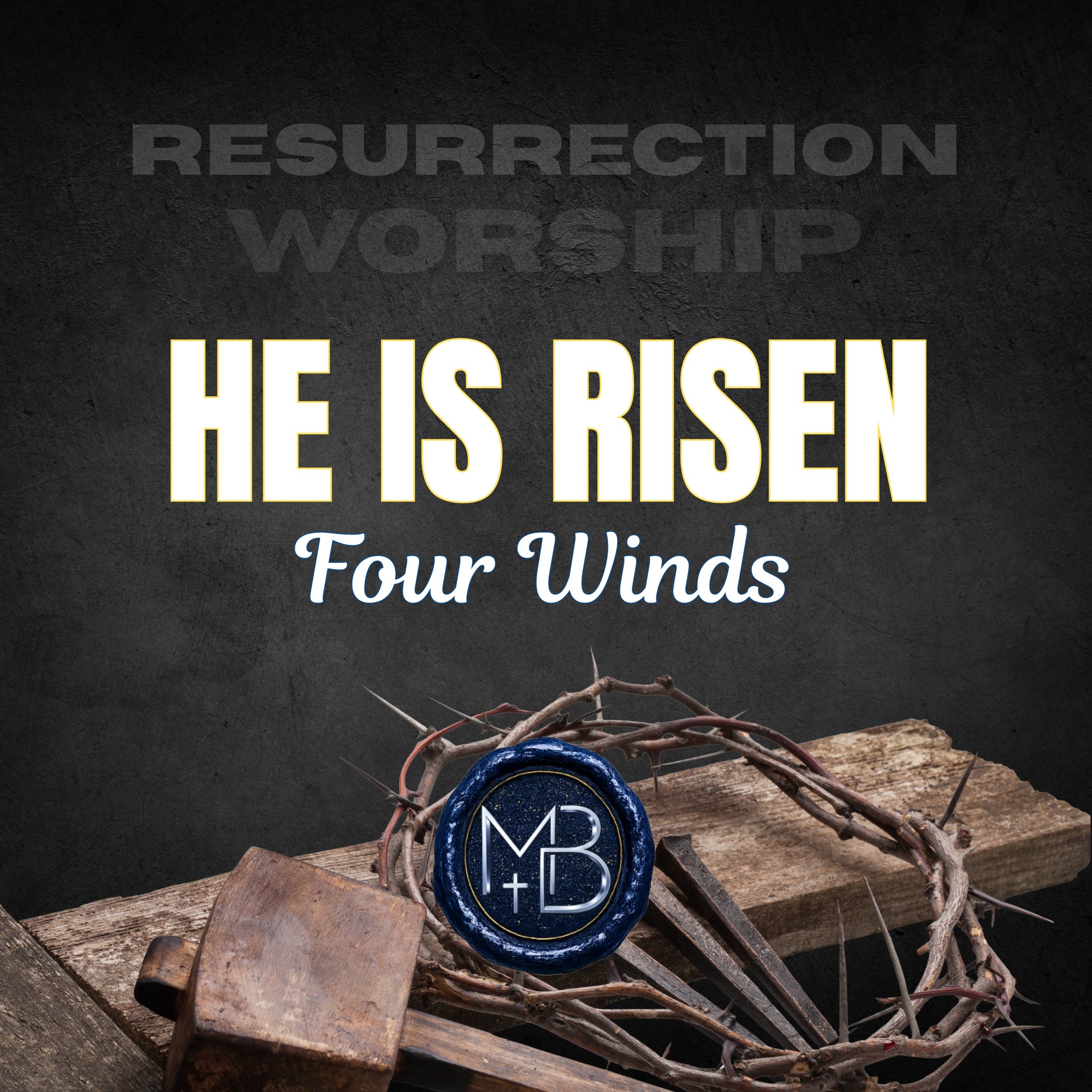 A sign with the phrase 'Resurrection of Worship' written on a dark textured background. There is a branch with thorns and a rock at the bottom of the sign, and part of a blue circular symbol with a letter 'M' inside it is visible.