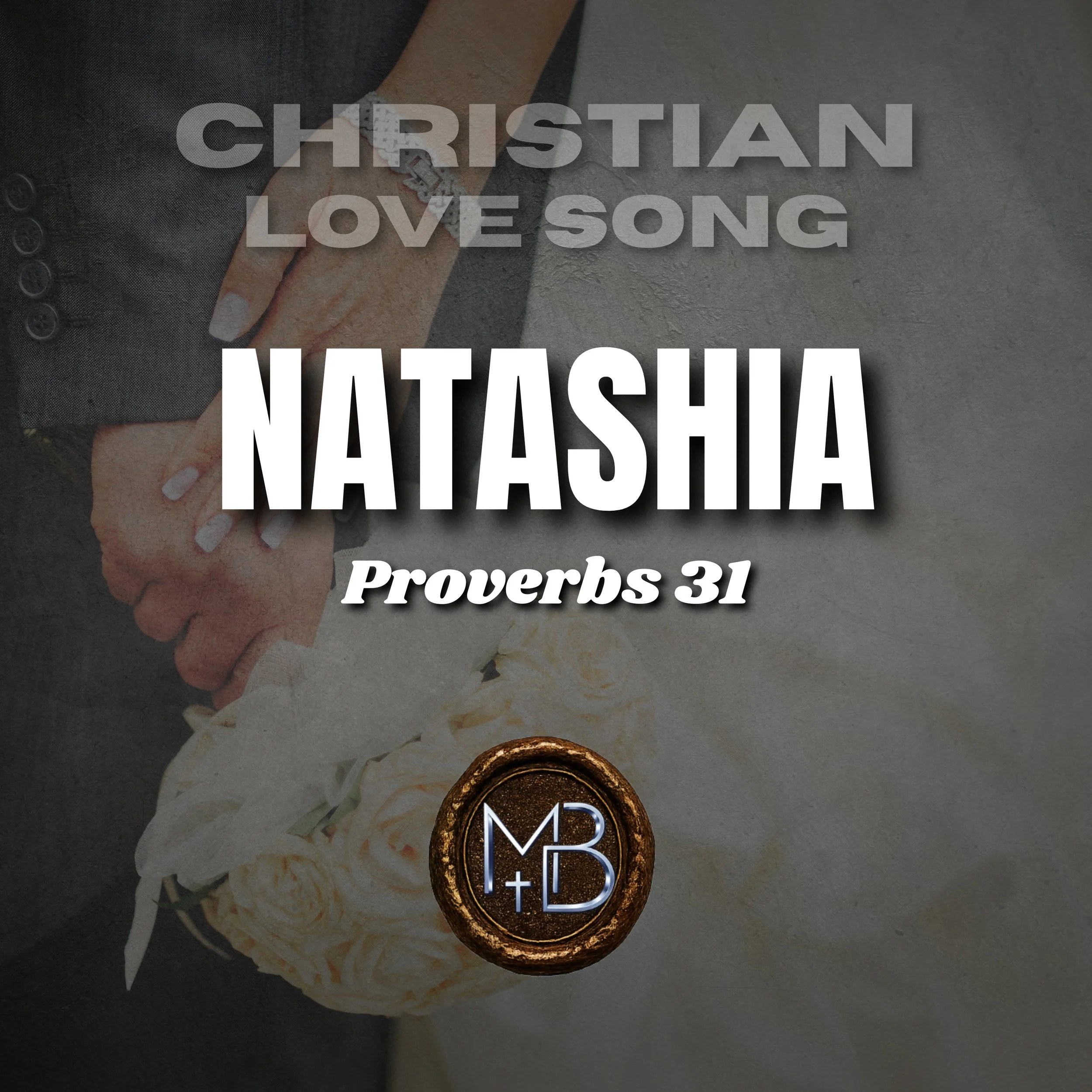 A bracelet on a person's wrist, a folded paper with a prayer or proverb, a logo with initials 'MR & T/L' inside a circular design, and a portion of a person's hand with painted nails.