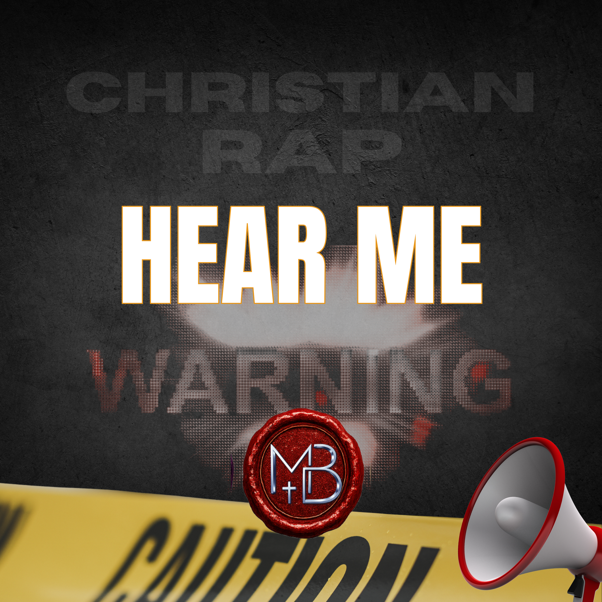 A close-up view of a warning sign with yellow and black diagonal stripes, a red security seal with the letters MB, and a small section of a shoe with a gray sole and a red and gray upper. The background is dark and textured.