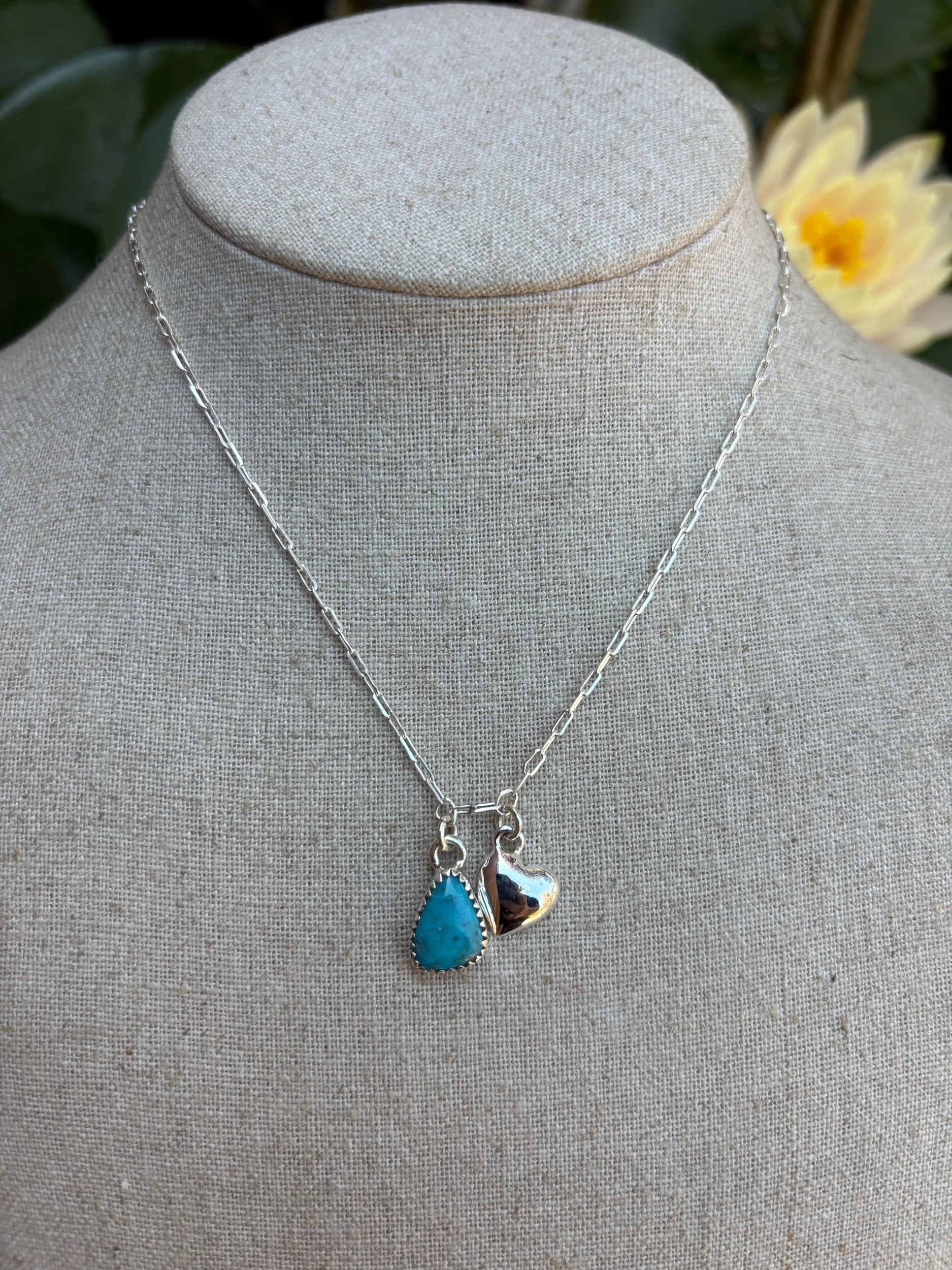 Dainty Sterling Heart and Kingman Drop Necklace