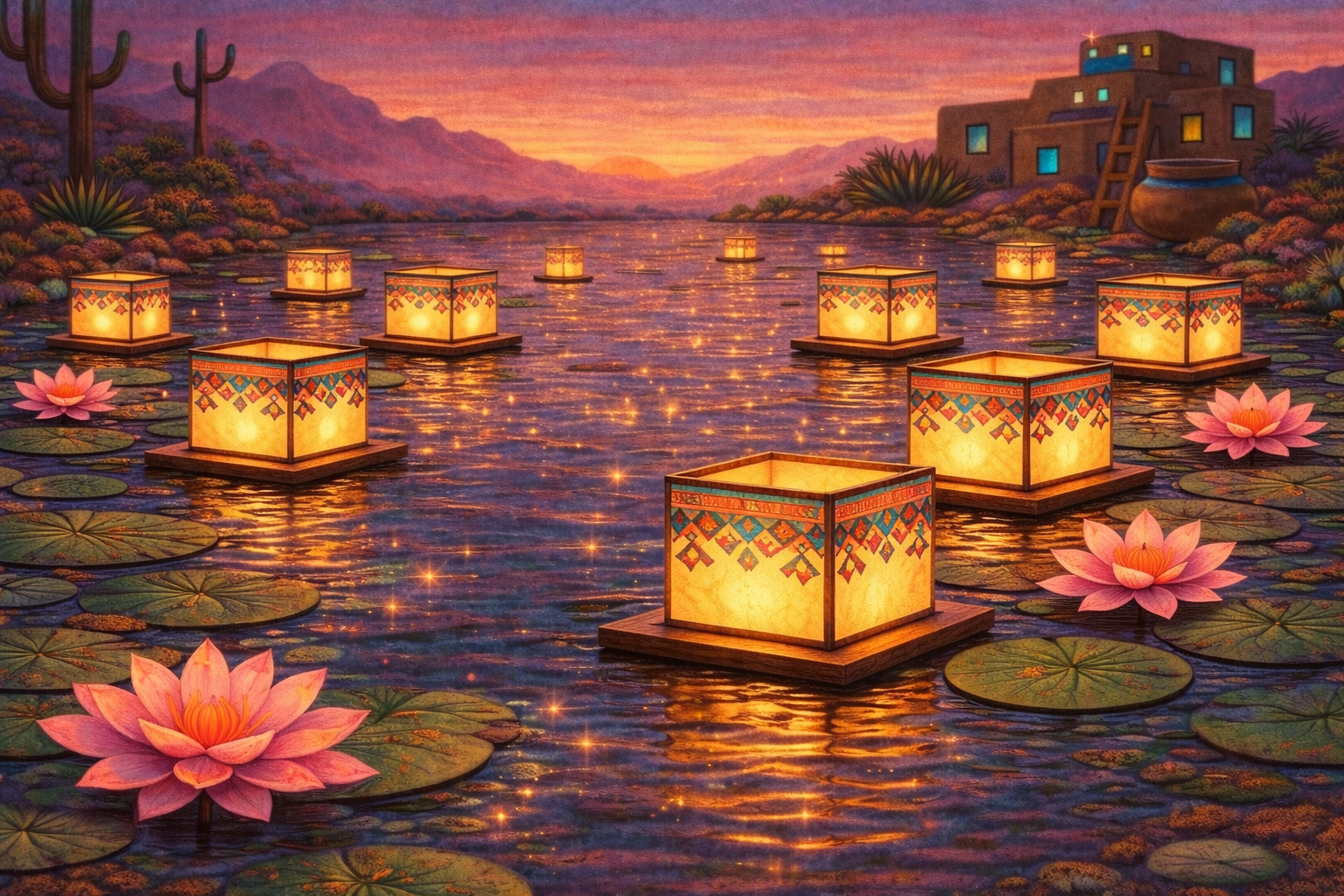 A scenic sunset over a lake with floating paper lanterns, pink water lilies, and mountain and desert landscape in the background.