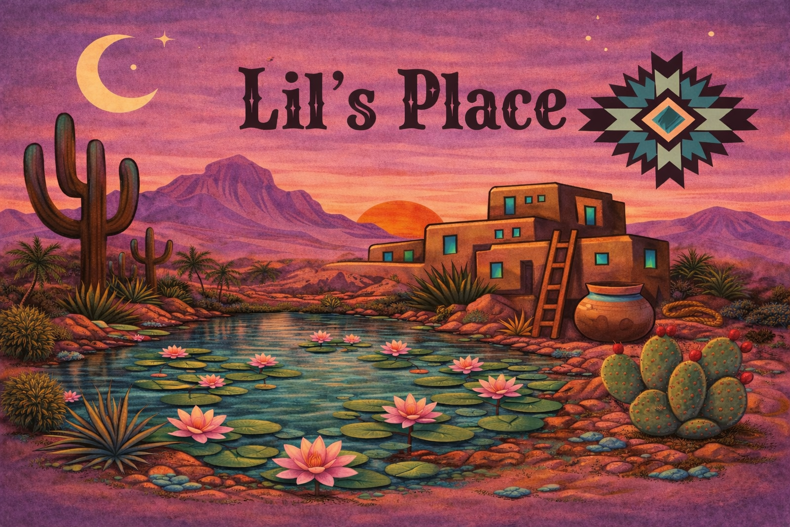 Illustration of a desert landscape at sunset with cacti, succulents, a water lily pond, mountains, and a sunset in the background, with the text 'Lil's Place' and a decorative pattern.
