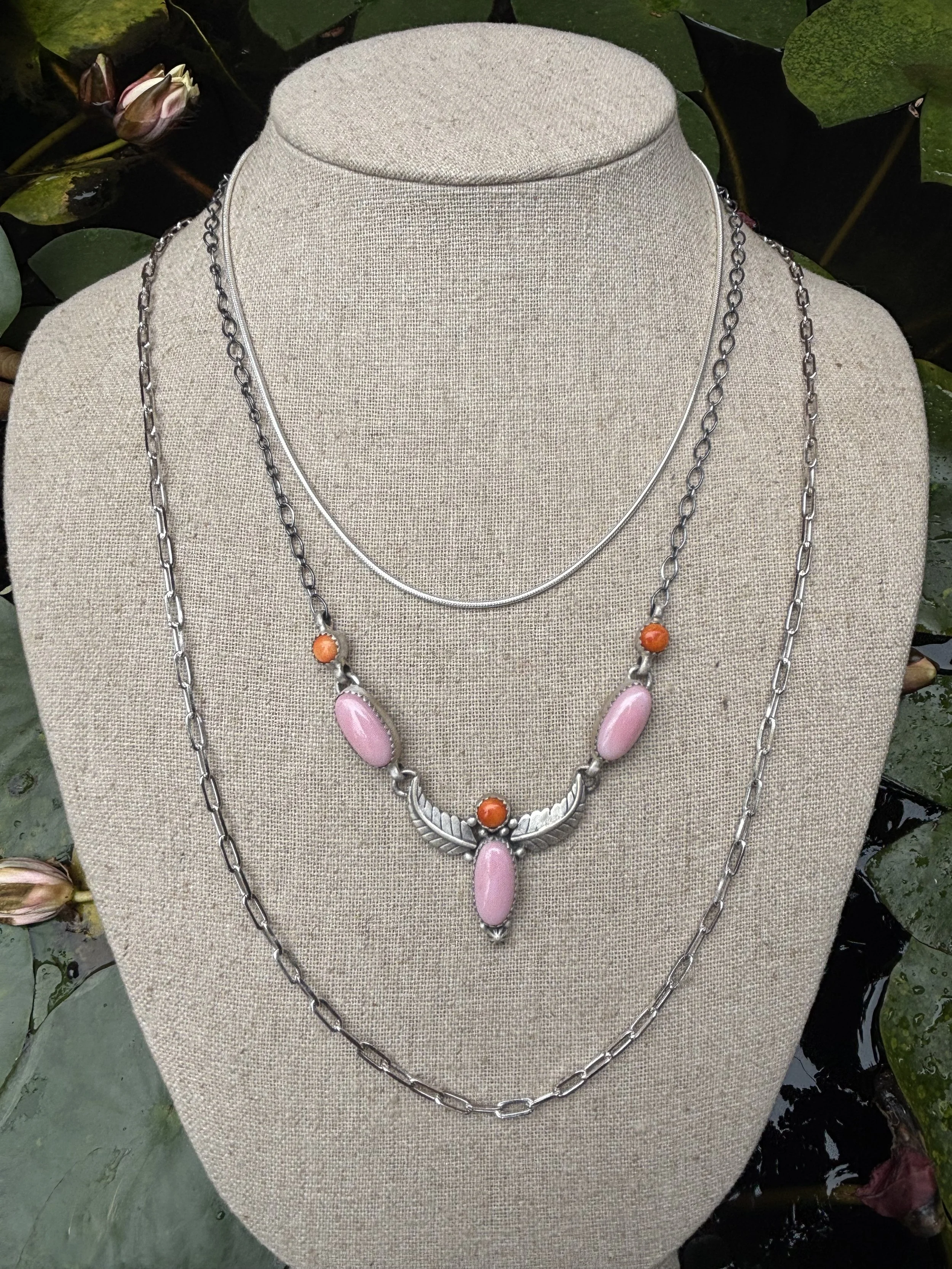 Dainty Sterling Stack with Pink Conch and Spiny.