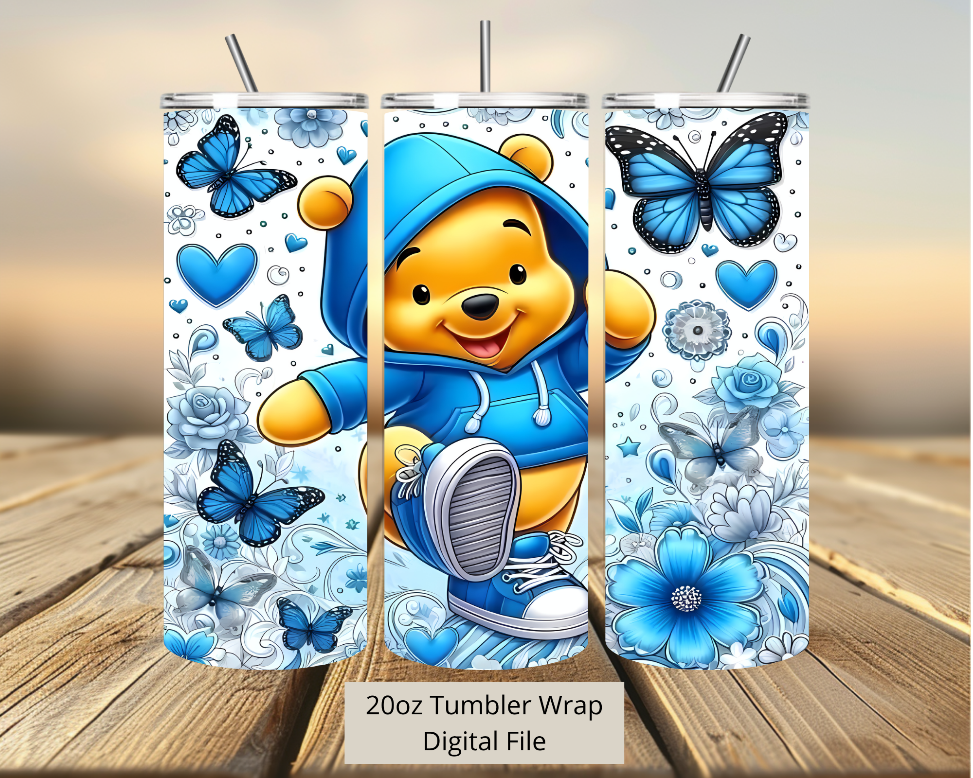 Winnie Pooh Flowers Blue Tumbler Digital Download