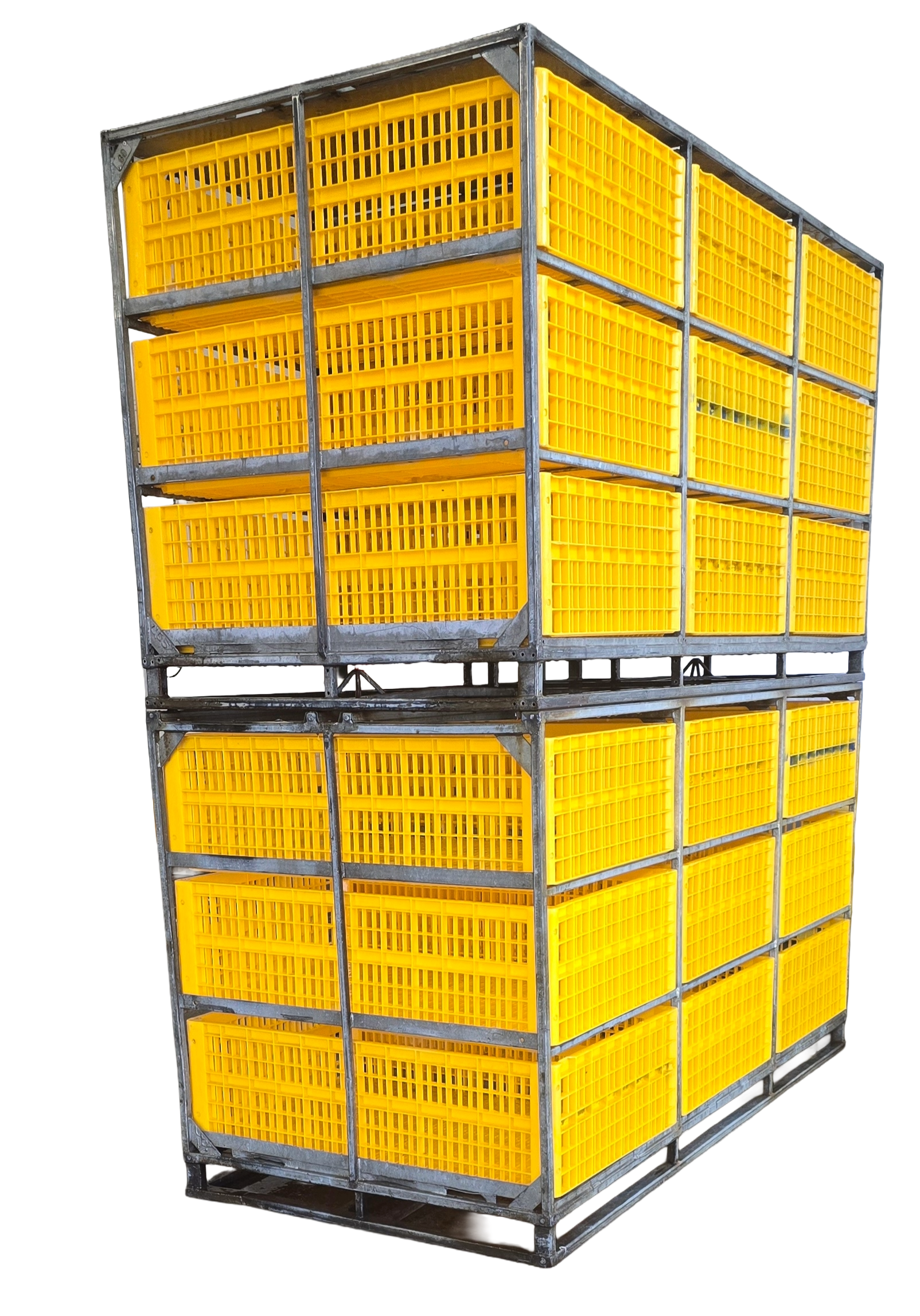 Stacked metal racks holding multiple yellow plastic storage crates.