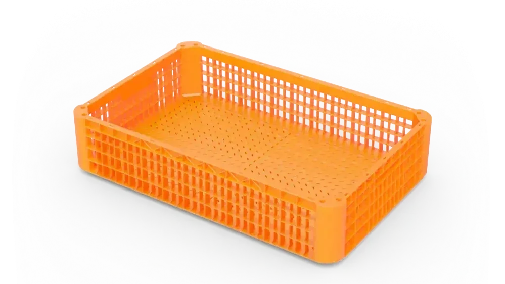 Orange plastic basket with grid sides and perforated bottom.