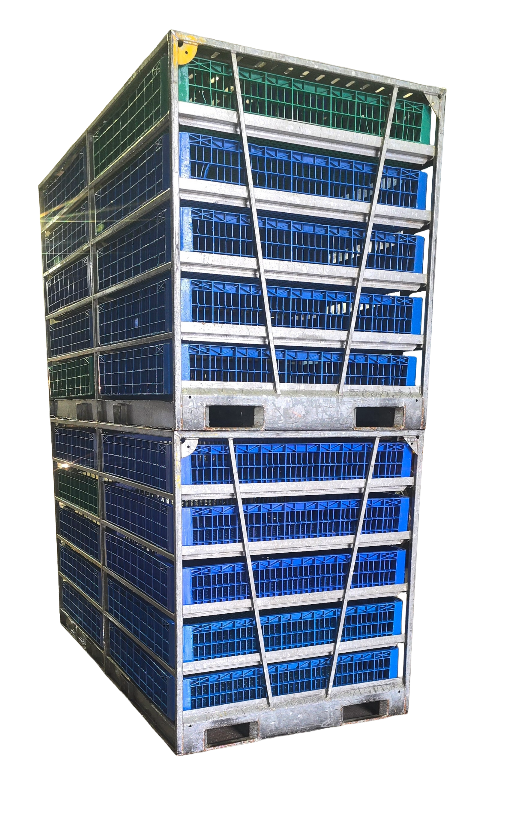 A stack of metal crates with blue and green plastic containers inside, secured with metal bars and leaning against each other on a black background.
