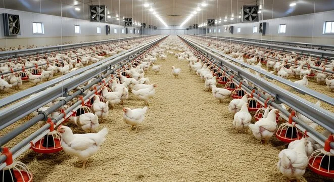 A large poultry farm with white chickens inside a controlled environment, feeding from automatic feeders.