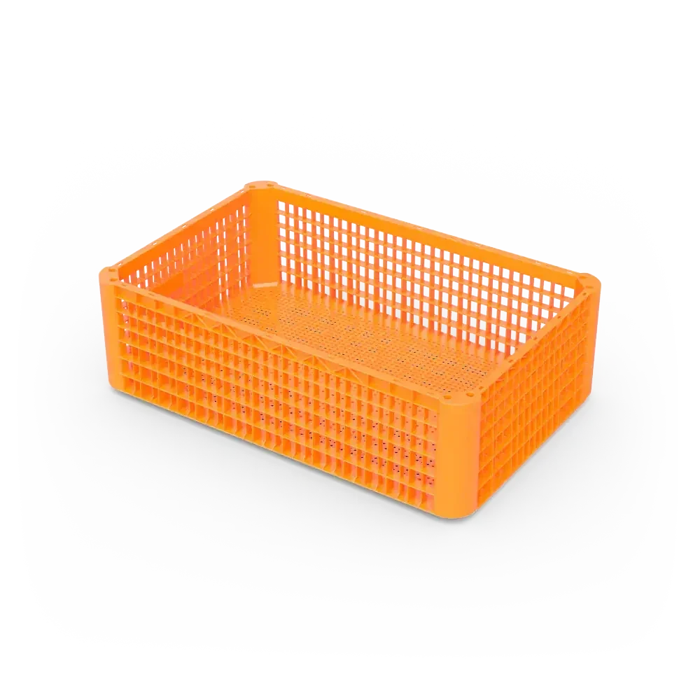 Orange plastic storage basket with grid pattern on a white surface.