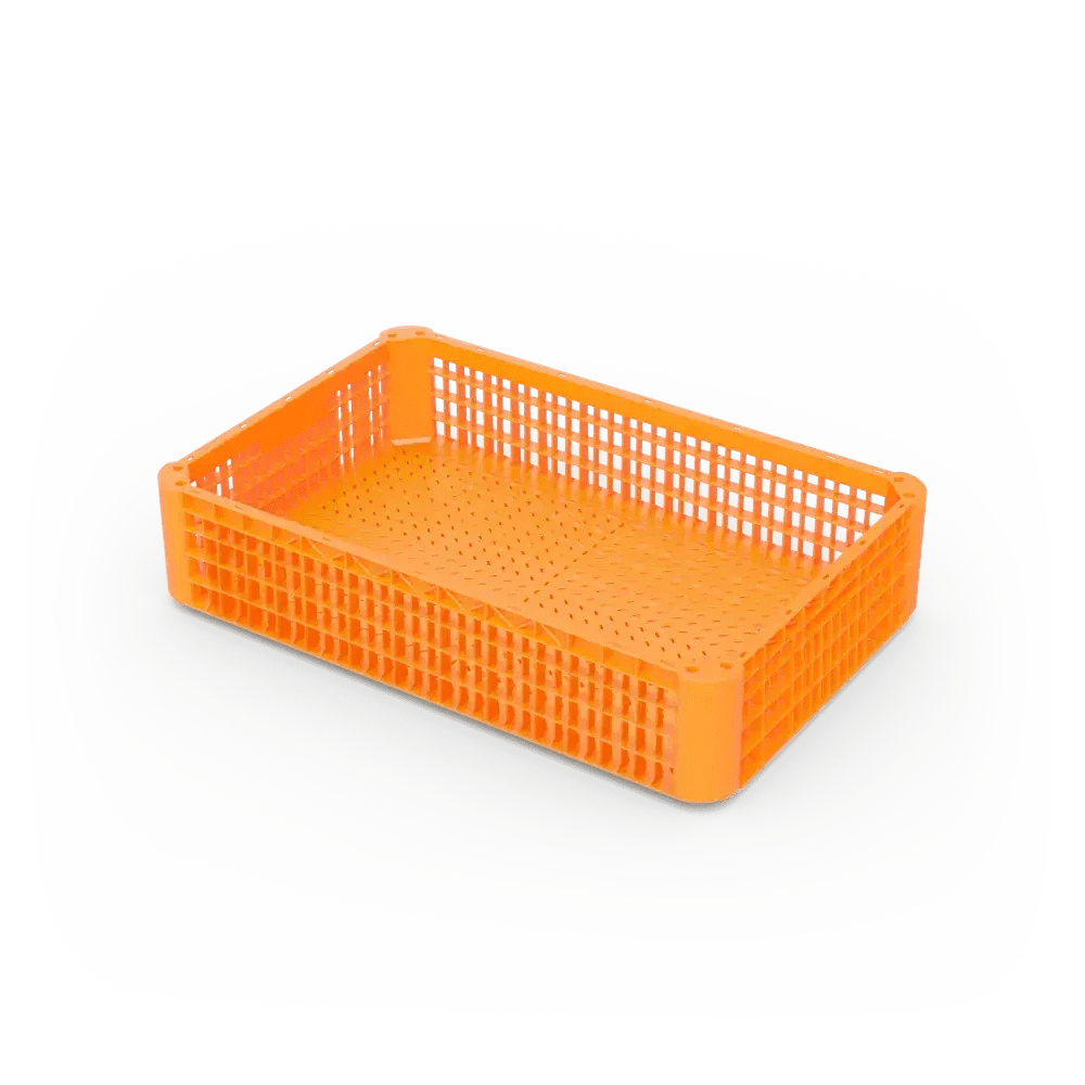 Orange plastic storage basket with a grid pattern on sides and a solid bottom, placed on a white surface.