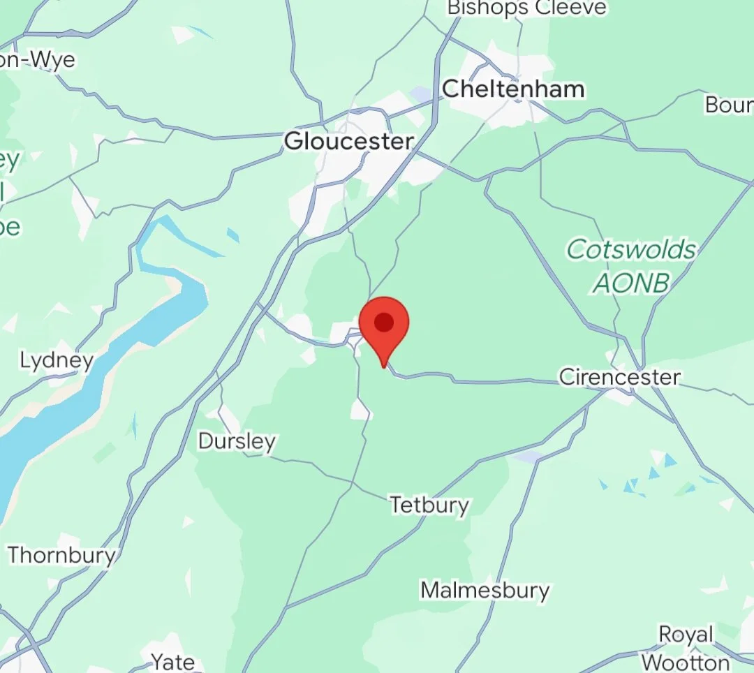 Map showing a location near Cirencester in Gloucestershire, England, with nearby towns and natural features.
