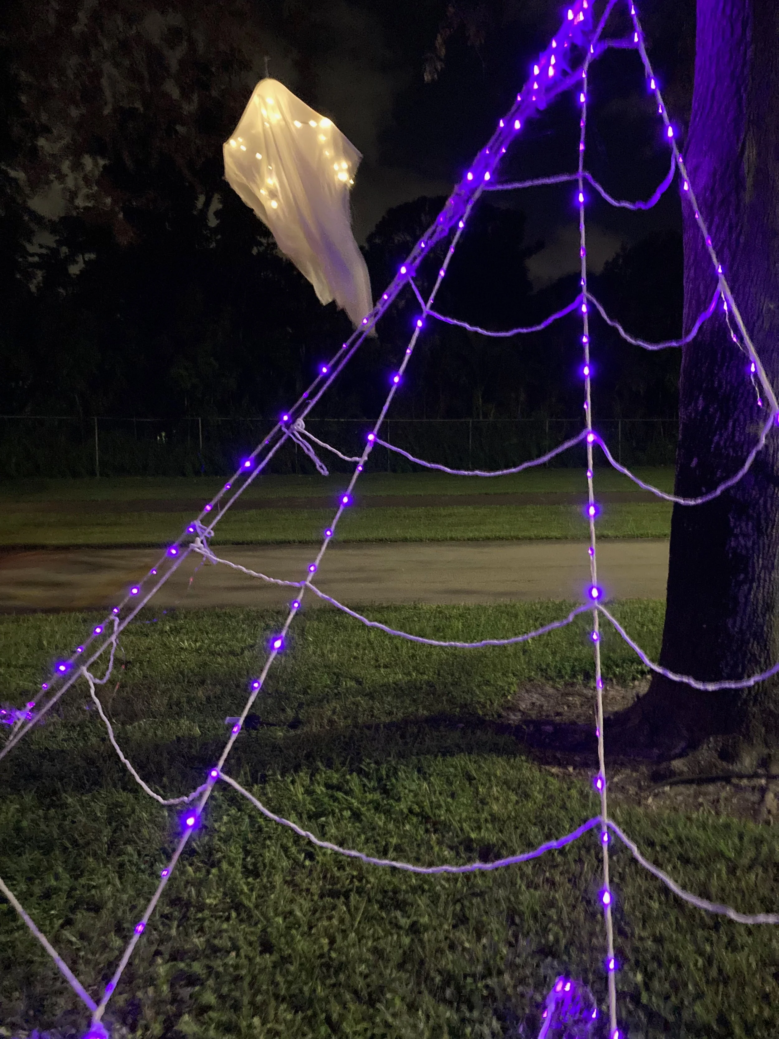 Nighttime outdoor scene with purple string lights wrapped around a tree and a illuminated white ghost decoration with small lights, set against a dark sky and trees.