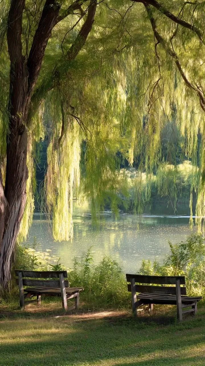 Two wooden benches beneath a tree overlooking a calm lake.