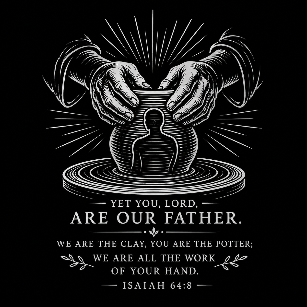 Illustration of hands shaping a vessel with a human figure inside, surrounded by radiating lines, with a quote from Isaiah 64:8 about God being our Father, potter, and the work of His hand.