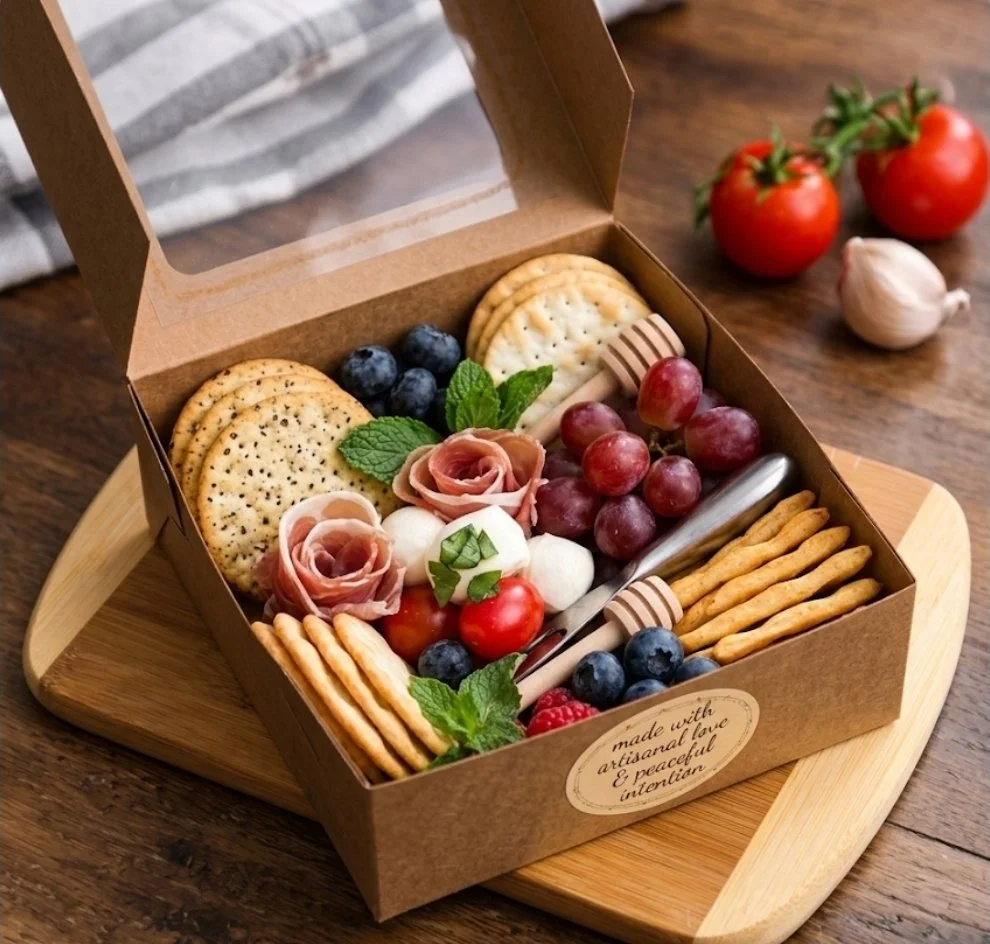 An open brown gift box with assorted crackers, blueberries, grapes, cherry tomatoes, mozzarella balls, a slice of ham, mint leaves, and a small honey dipper inside, placed on a wooden cutting board.
