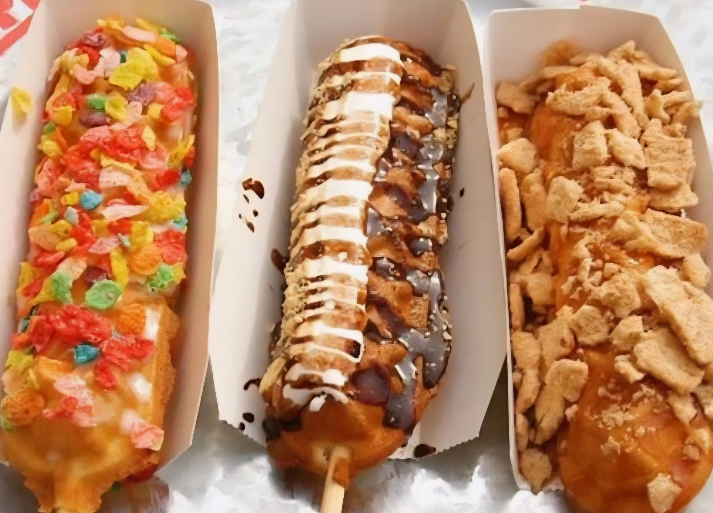 Four different slices of decorated and topped pizza in white boxes.
