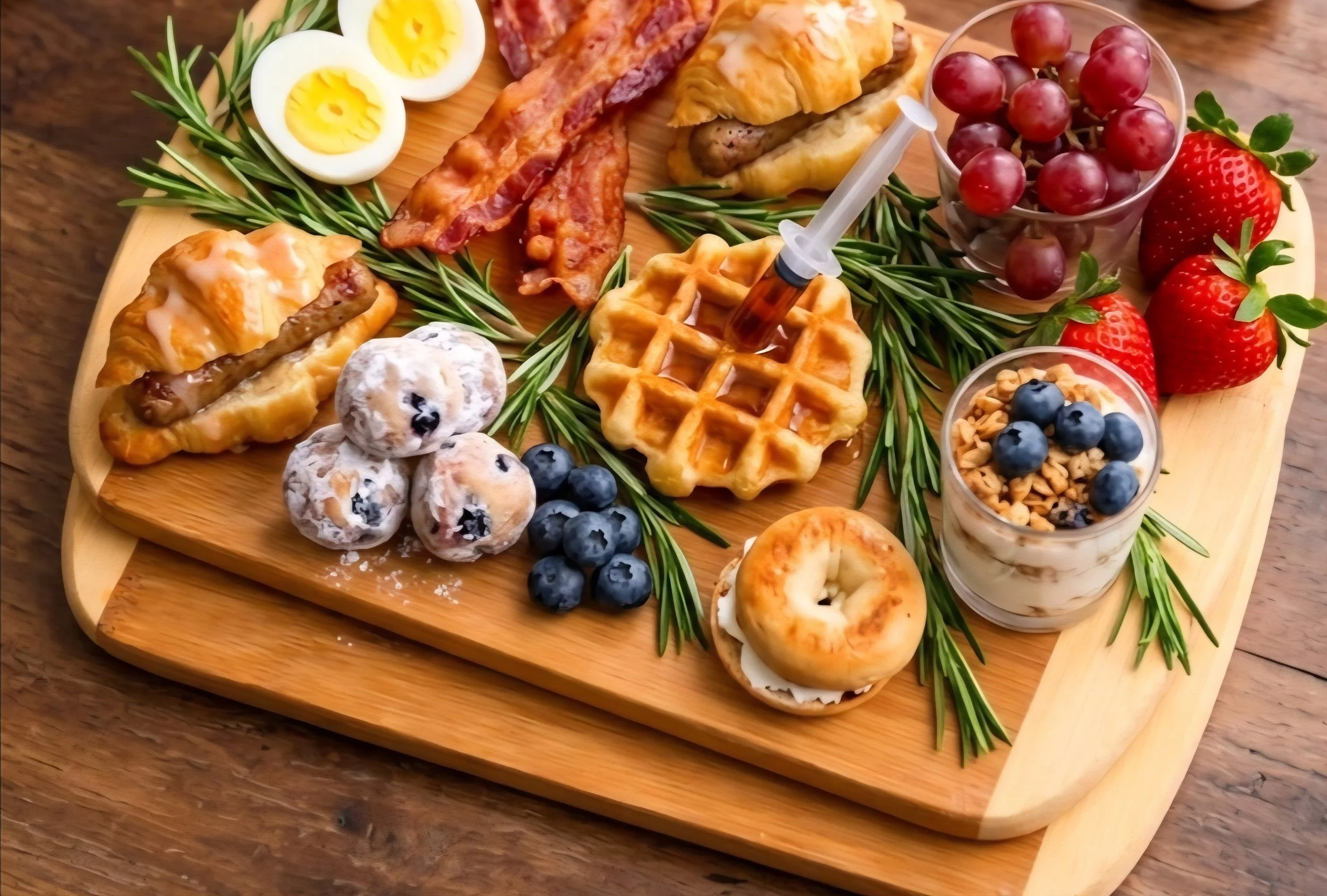 A wooden tray with breakfast items including sliced hard-boiled eggs, cooked bacon, a sausage sandwich, waffles with syrup, bagels with cream cheese and blueberries, strawberries, grapes, and a small syringe filled with syrup, surrounded by sprigs of green herbs.