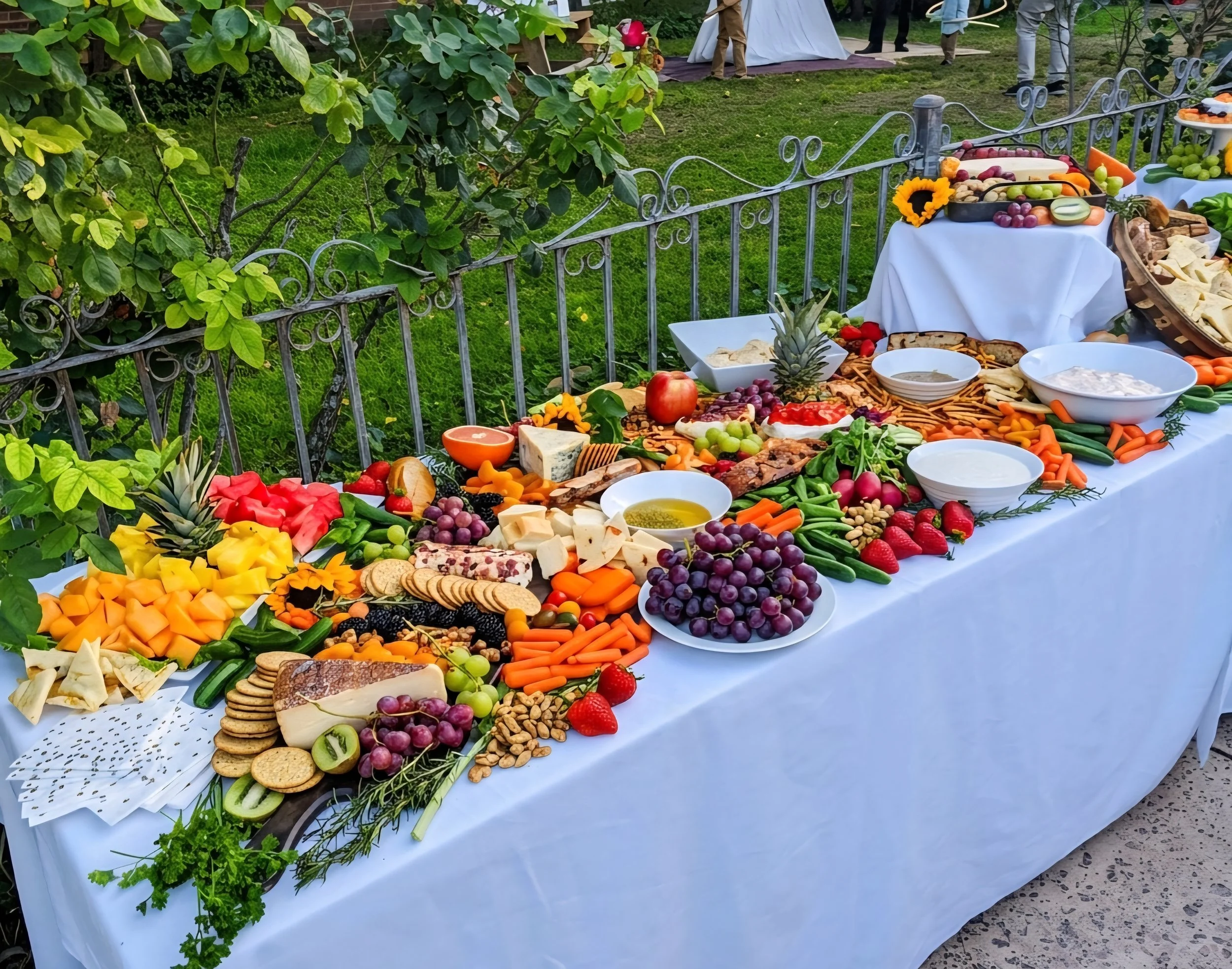 A table covered with a white cloth displaying various fruits, vegetables, cheeses, crackers, and dips at an outdoor event, with green trees and people in the background.