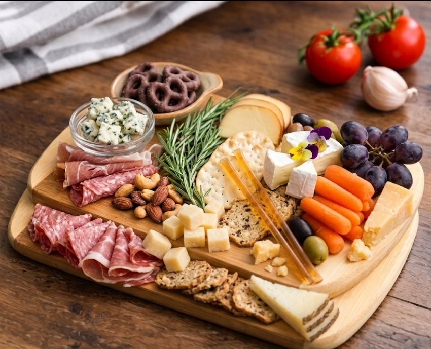 Cheese, grapes, carrots, crackers, nuts, meats, and vegetables on a cheese board