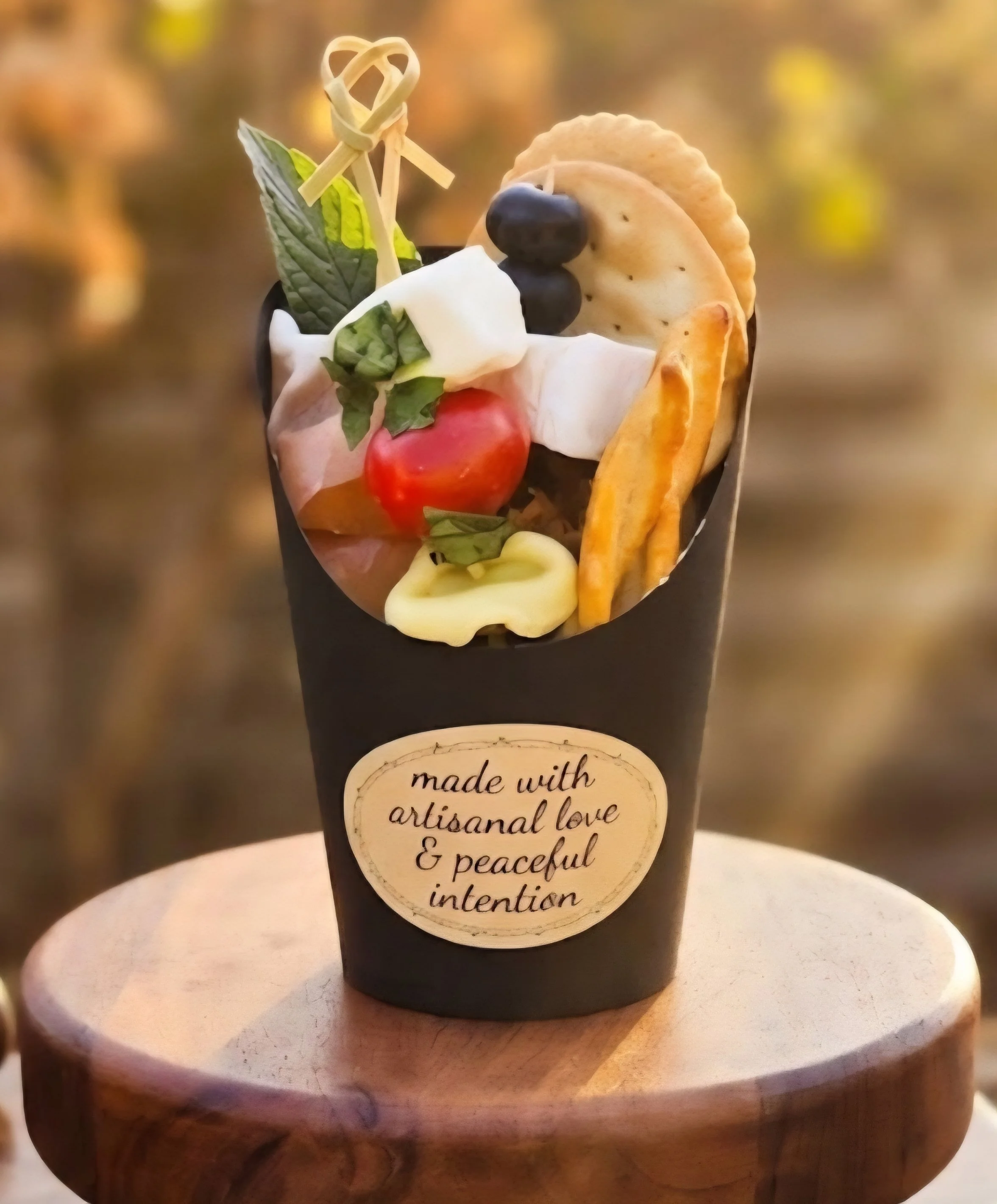 A candle made with artificial love, peaceful intention, and peacock feathers, decorated with leaves, black beads, and a red flower, with a wooden tag that reads 'made with artisanal love & peaceful intention'.