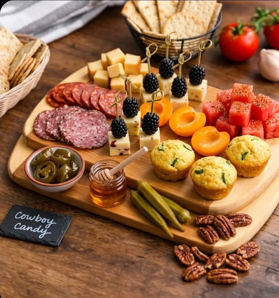 A wooden platter with assorted cheeses, fruit, nuts, and savory snacks. Items include sliced meats, cheese cubes, blueberry-topped cheese skewers, watermelon cubes, apricot halves, and savory muffins. Accompanying are jalape peppers, pecans, and small honey jar with a honey dipper. A small chalkboard labeled 'Cowboy Candy' is nearby.
