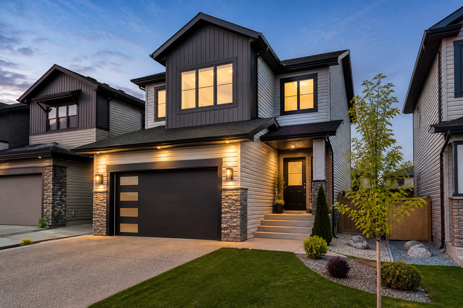 Modern two-story house with black garage door, exterior lighting, and landscaped yard at dusk.