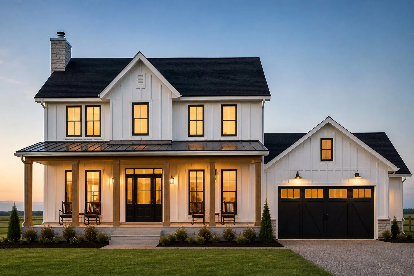 A modern two-story house with a white exterior, black roof, and front porch with seating. The house has several windows with warm interior lighting, a garage with black doors, and a well-maintained lawn in the evening.