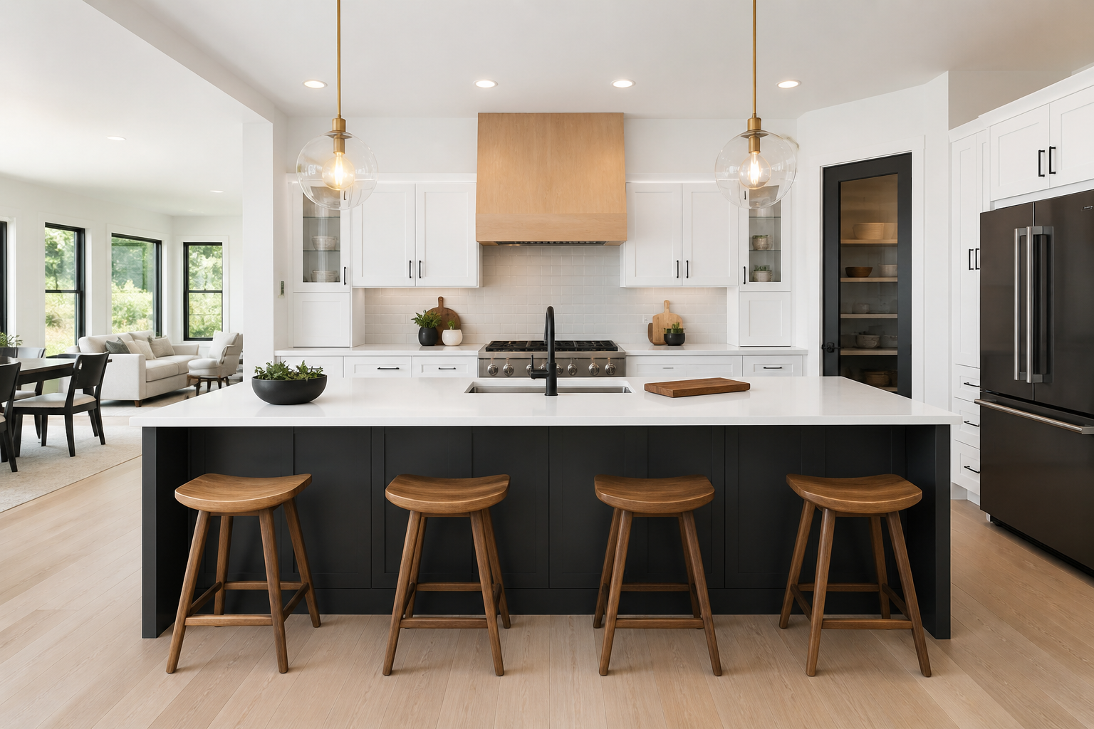 Modern kitchen with a central island, black base, white countertop, and four wood stools. White cabinets, black faucet, and stainless steel appliances, with a view into a bright living space.