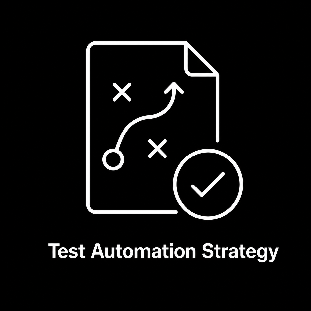 Line drawing of a strategy plan with arrows, Xs, and a circle with a checkmark, above the text 'Test Automation Strategy'.