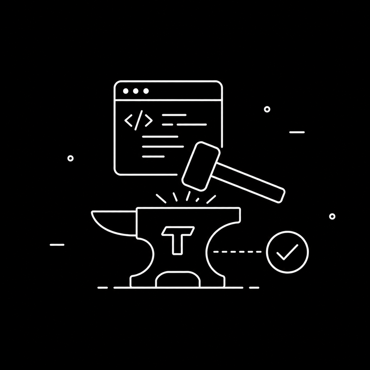 Line drawing of a web browser window with code, a hammer, and an anvil with a letter T on it, symbolizing coding, development, or software testing. A checkmark icon is also present.
