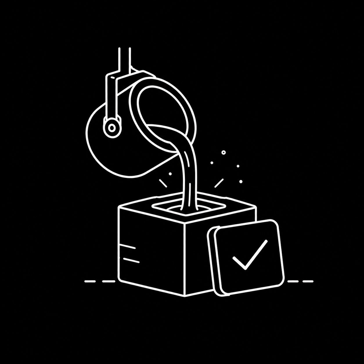 Neon outline of a lottery or raffle drum with a handle pouring blue tickets into a box with a checkmark, on a black background.