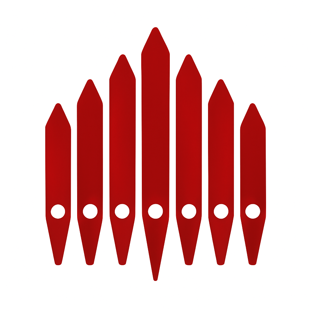 Seven red organ pipes arranged in a pattern with the center pipe being the tallest and the outer pipes being the shortest.