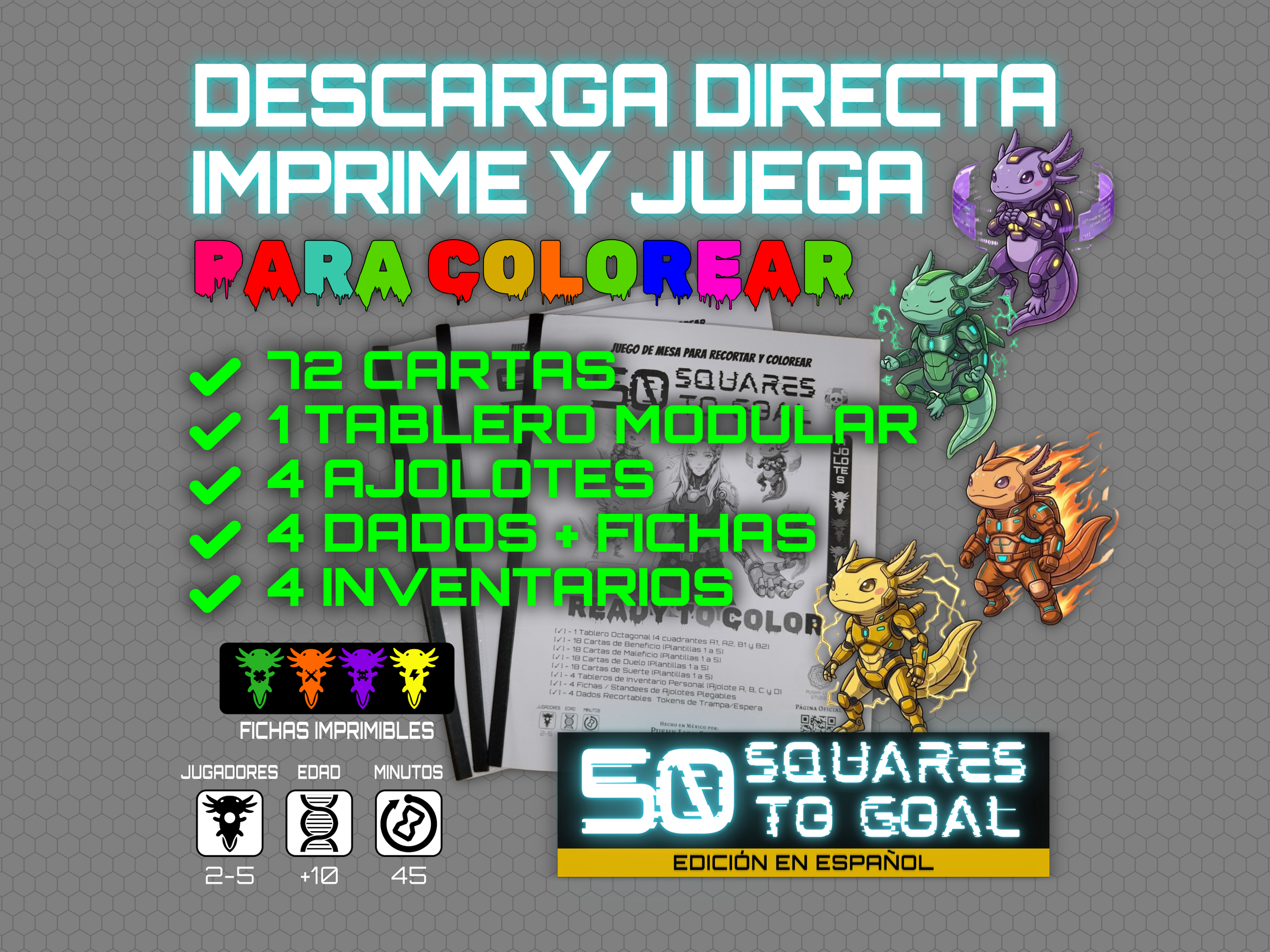 Juego de Mesa Imprimible, Juego de Ajolotes Cyberpunk para Colorear, Juego de Mesa Casero Familiar para Armar, Descarga Inmediata PDF
