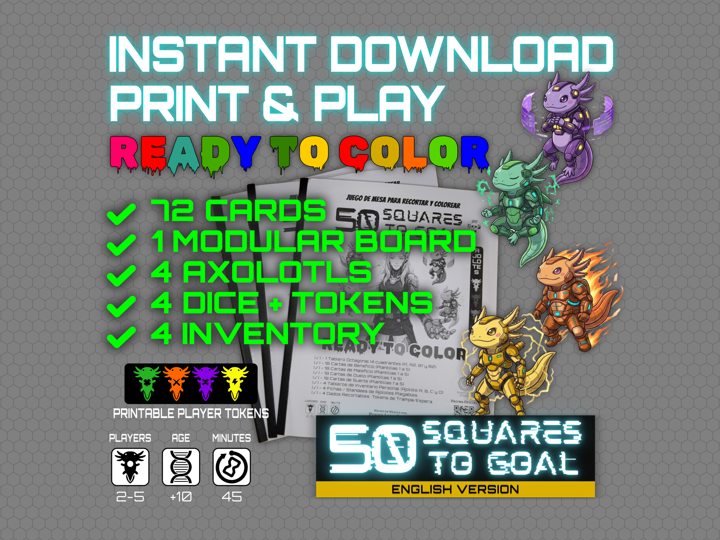 Print and Play Board Game, Cyberpunk Axolotl Coloring Game, DIY Printable Tabletop Game, Family Party Game Instant Download PDF Low Ink
