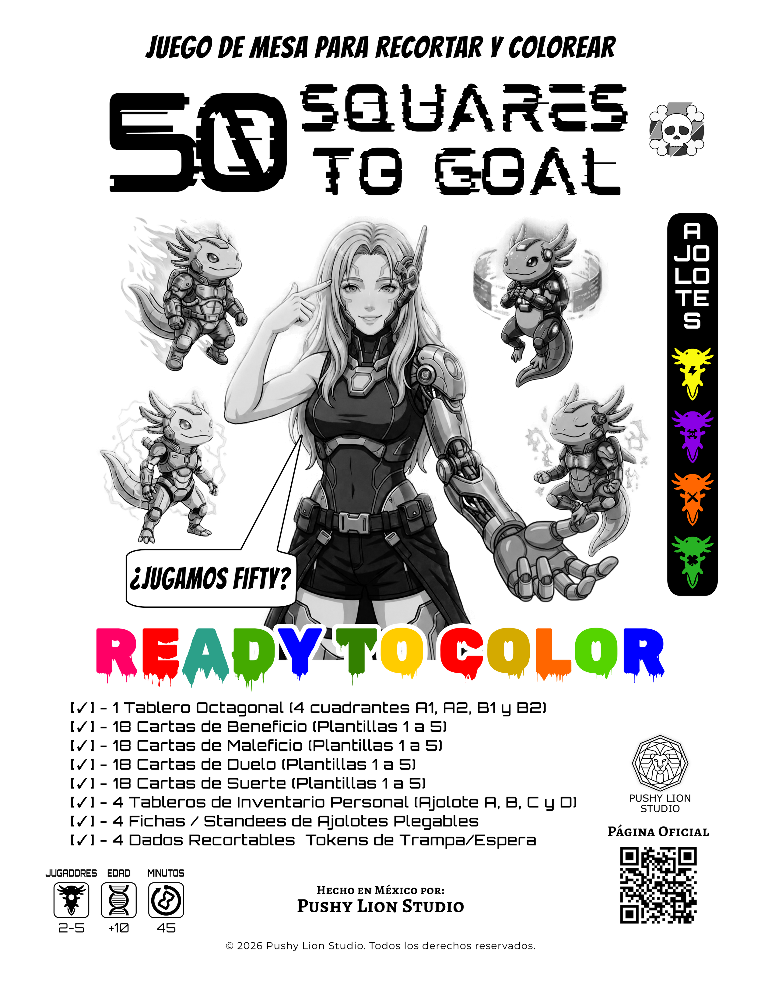 Portada de 50 SQUARES TO GOAL version Print & Play - Low ink. Listo para colorear, recortar y armar el juego de mesa.