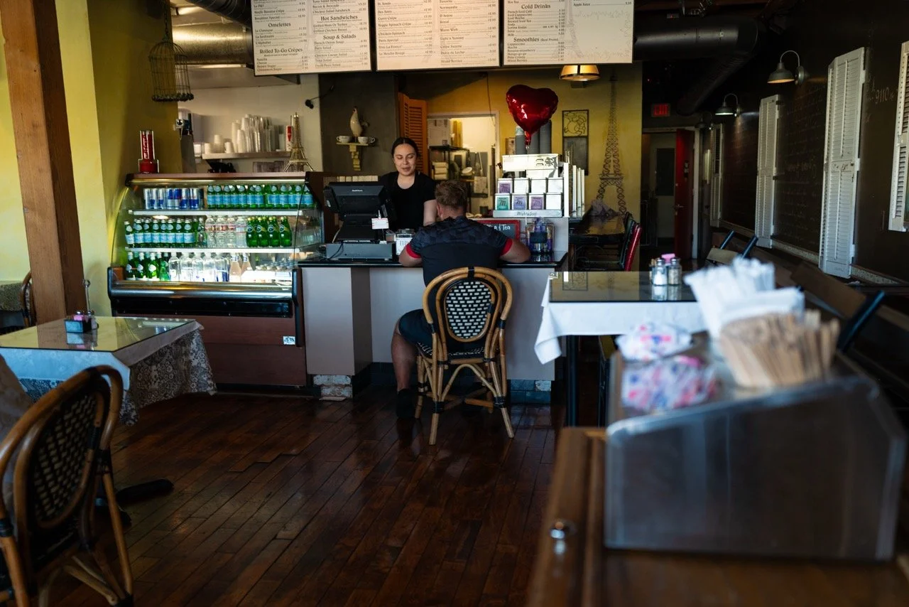 Taking a seat to order after a long unfinished bike ride.