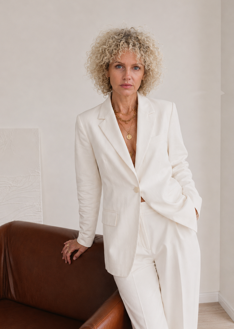 Alexandra Grahl Curtin Master Artist Hair on Hastings  with curly blonde hair wearing a white suit, multiple layered gold necklaces, standing next to a brown leather couch in a minimalist room