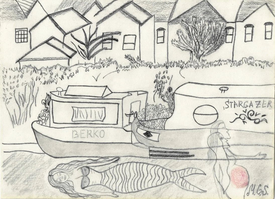 "Stargazers". Whimsical Riverside Mermaid Sketch.