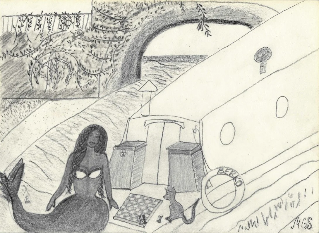 "Check Mate". Mermaid and Cat Playing Chess Art Drawing.