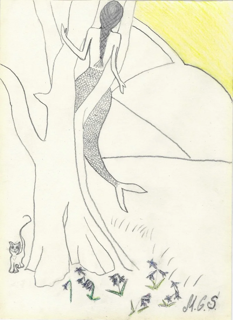 The Mermaid, The Cat, The Rapeseed And The Bluebells. Mermaid And Cat In A Magical Forest Of The "Old Stories". Drawing.