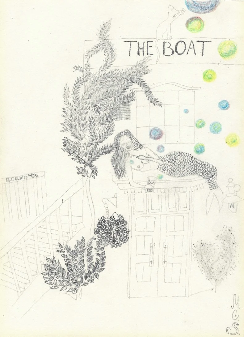 "The Mermaid, The Cat And The Boat". Whimsical Mermaid Art Drawing.