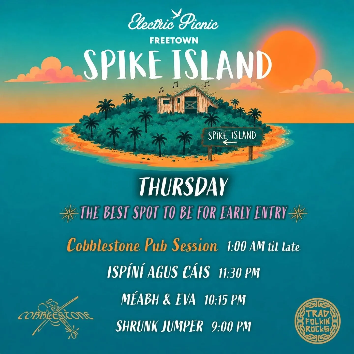 A chairde,

We've been busy in the swamp curating a ✨STUNNER✨ of a weekend for you at Spike Island.

We've got a sexy mix of established rockers who need no introduction, the freshest up-and-coming acts you'll be bragging you saw first, and FOUR dead