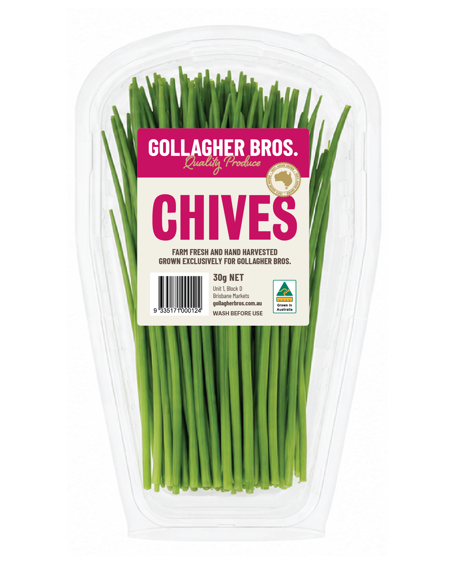 Package of fresh green chives in clear plastic container with label from Gallagher Bros, Australian grown.