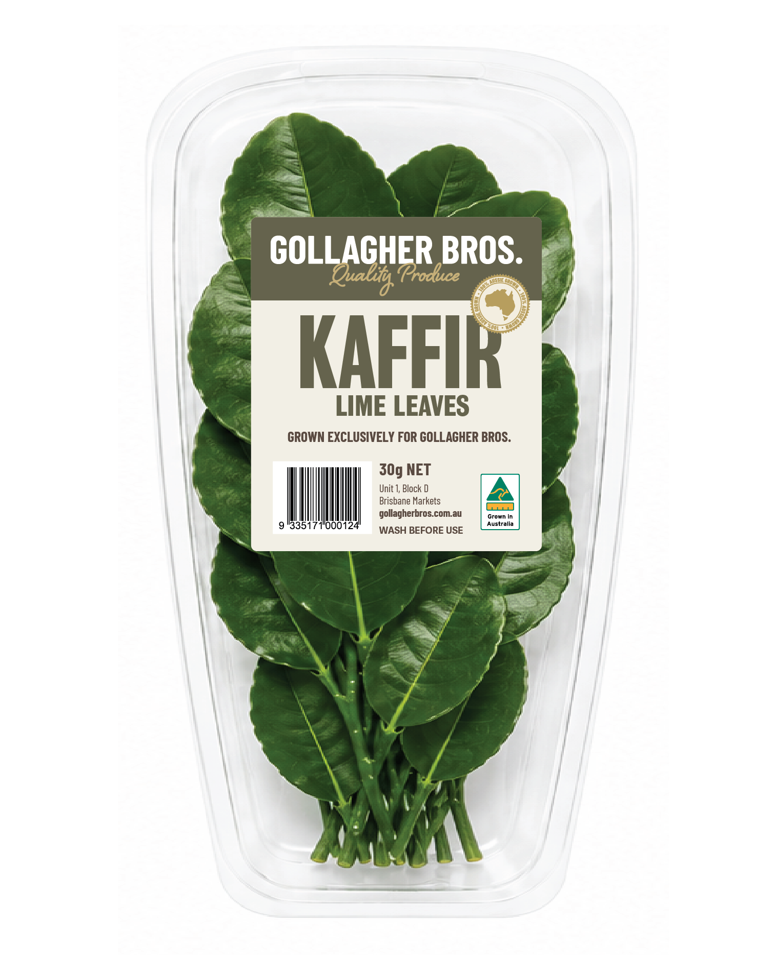 Fresh kaffir lime leaves in clear plastic packaging from Gollagher Bros., an Australian produce brand.