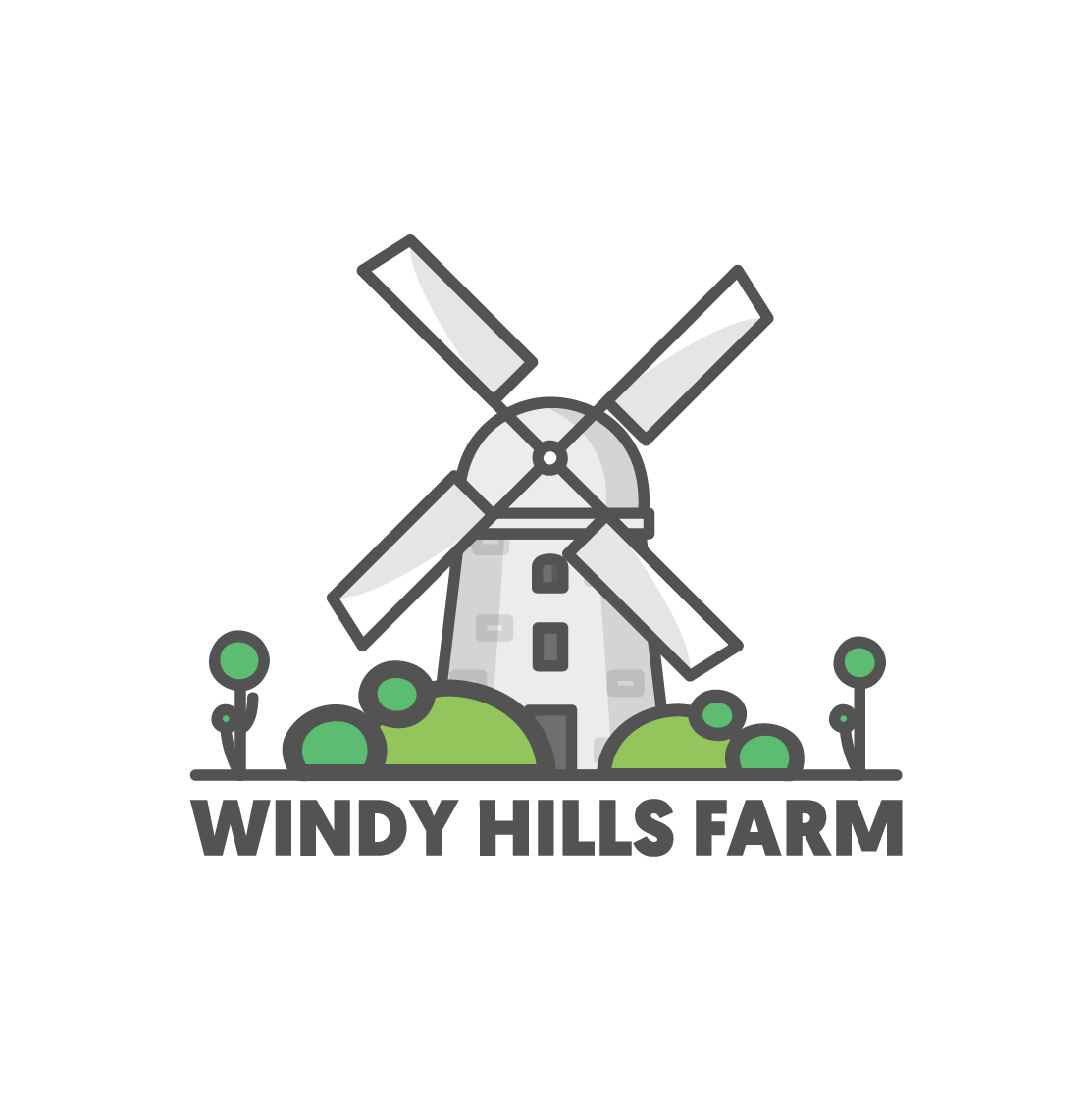Gray windmill with four blades surrounded by green bushes and small trees, with the text 'Windy Hills Farm' below.